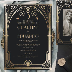 Invitation Mariage classique Art Déco élégant Black Gold des