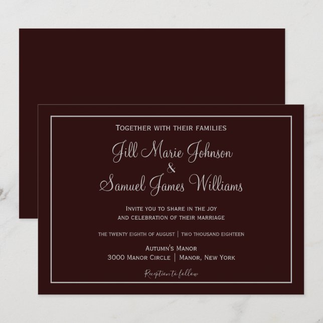 Invitation Mariage Classique au Prune et Gris Foncé (Devant / Derrière)