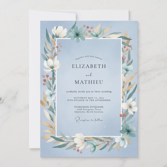 Invitation Mariage Classique aux Feuilles d'Azur Poudré (Devant)