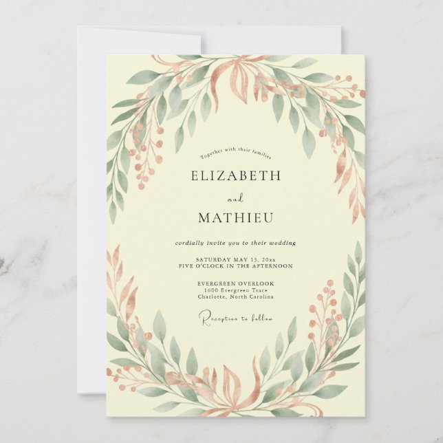 Invitation Mariage Classique aux Feuilles Jaune Pâle (Devant)