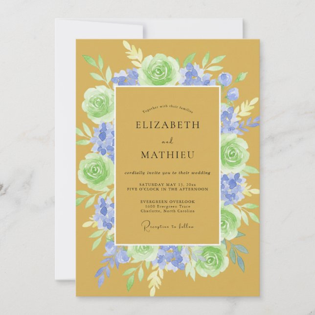 Invitation Mariage Classique aux Pivoines et Moutarde (Devant)