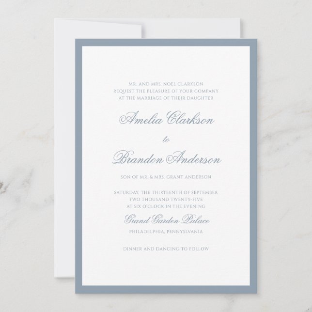 Invitation Mariage Classique avec Bordure Bleue Poussiéreuse  (Devant)