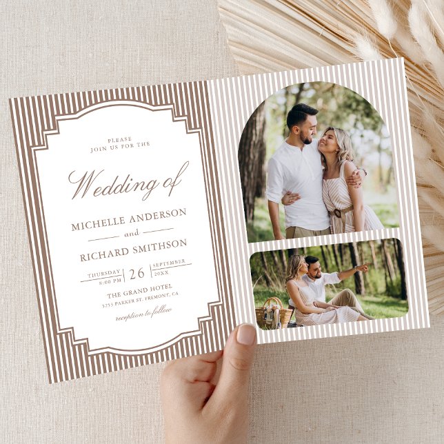 Invitation Mariage classique avec code QR photo marron rayé (Créateur téléchargé)