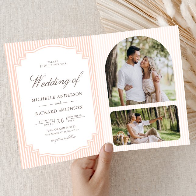 Invitation Mariage Classique avec Code QR Photo Rayé Pastel (Créateur téléchargé)