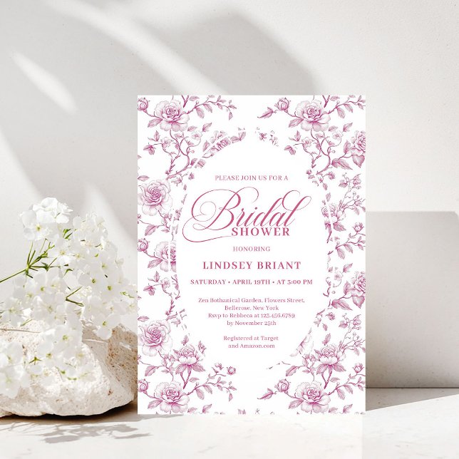 Invitation Mariage classique avec des roses roses et blanches (Classic Pink and White Roses Toile Bridal Shower Invite)