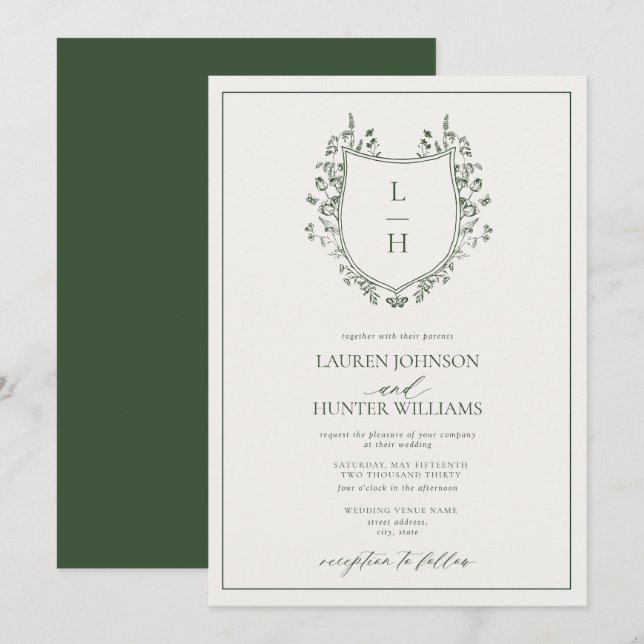 Invitation Mariage classique avec monogramme et blason de fle (Devant / Derrière)