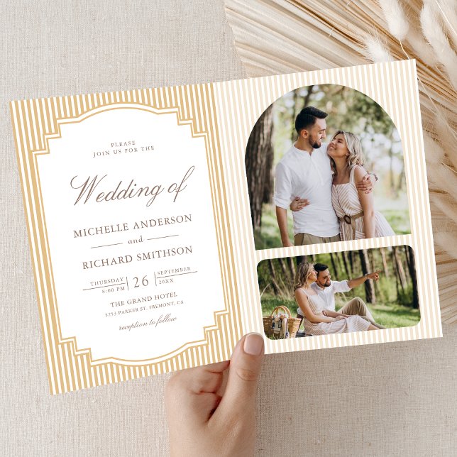 Invitation Mariage classique beige bronzé rayé code QR photo (Créateur téléchargé)