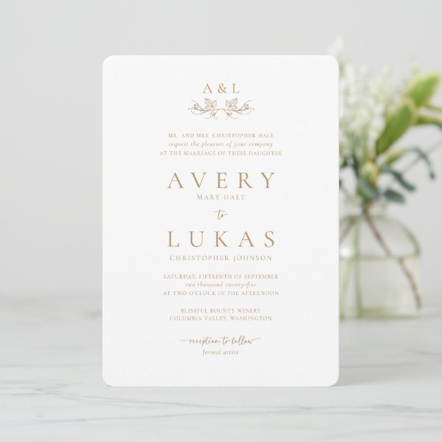 Invitation Mariage classique blanc et or (Debout devant)
