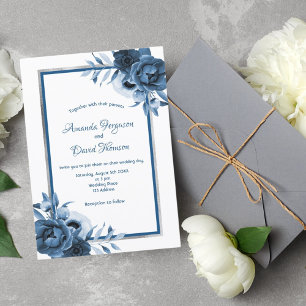 Invitation Mariage classique bleu blanc flancs argent