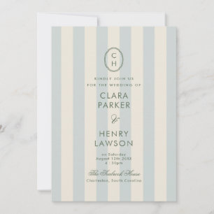Invitation Mariage classique bleu clair rayé Monogramme