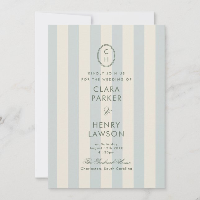 Invitation Mariage classique bleu clair rayé Monogramme (Devant)