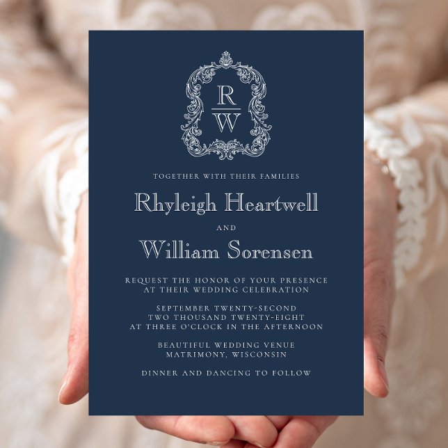 Invitation Mariage classique bleu marine au blason monogramme (Créateur téléchargé)