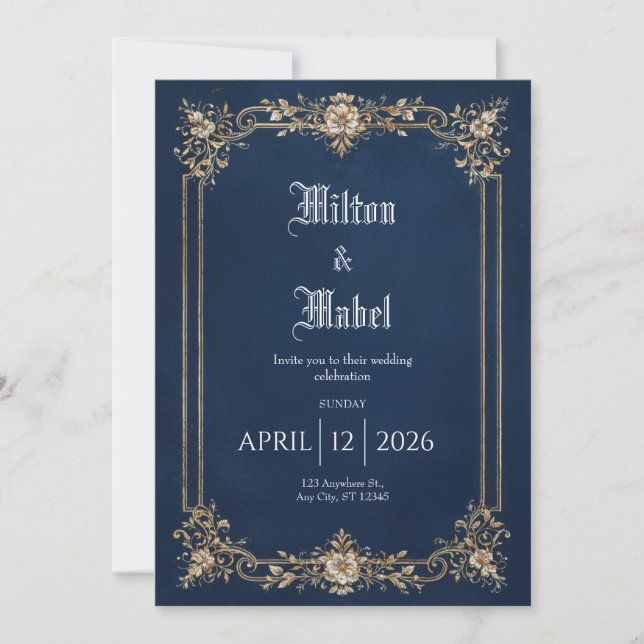 Invitation Mariage Classique Bleu Marine avec Broderie Dorée  (Devant)