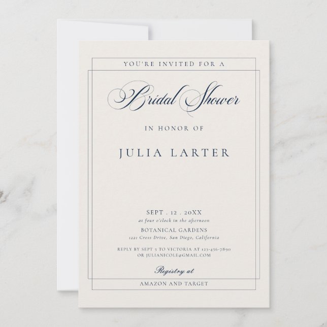 Invitation Mariage classique bleu marine ivoire calligraphie  (Devant)