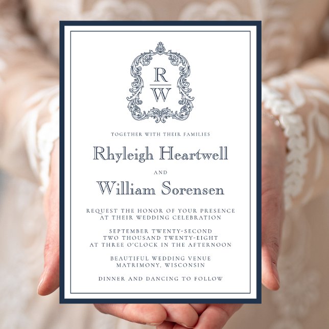 Invitation Mariage Classique Bleu Nuit Blason Monogramme Blan (Créateur téléchargé)