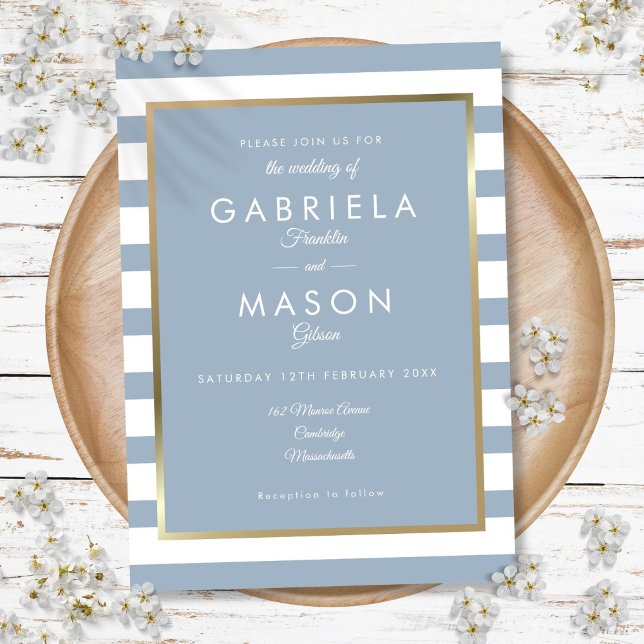 Invitation Mariage Classique Bleu Poussiéreux Rayé avec Faux  (Dusty Blue Classic Stripe Faux Gold Foil Wedding Invitation)
