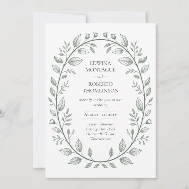 Invitation Mariage Classique Botanique Feuille Verte Héritage (Devant)