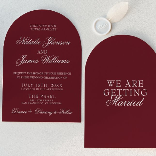 Invitation Mariage Classique Bourgogne Profond Argent Ancien  (Créateur téléchargé)