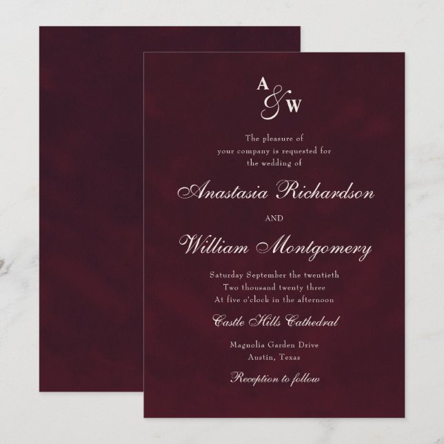 Invitation Mariage Classique Bourgogne Profond Monogramme Scr (Devant / Derrière)