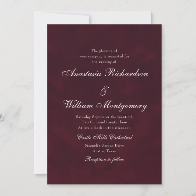 Invitation Mariage Classique Bourguignon Profond Écriture Tra (Devant)