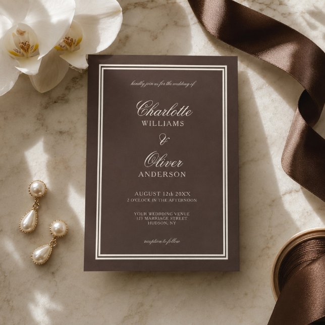 Invitation Mariage Classique Brun Foncé Vieille Fortune  (Créateur téléchargé)
