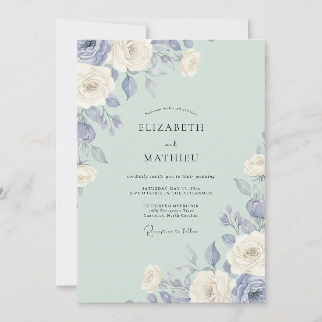 Invitation Mariage Classique Céladon Pervenche Pivoine (Devant)