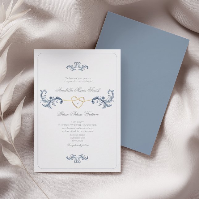 Invitation Mariage Classique Cœur Doré Bleu Poussiéreux (Créateur téléchargé)