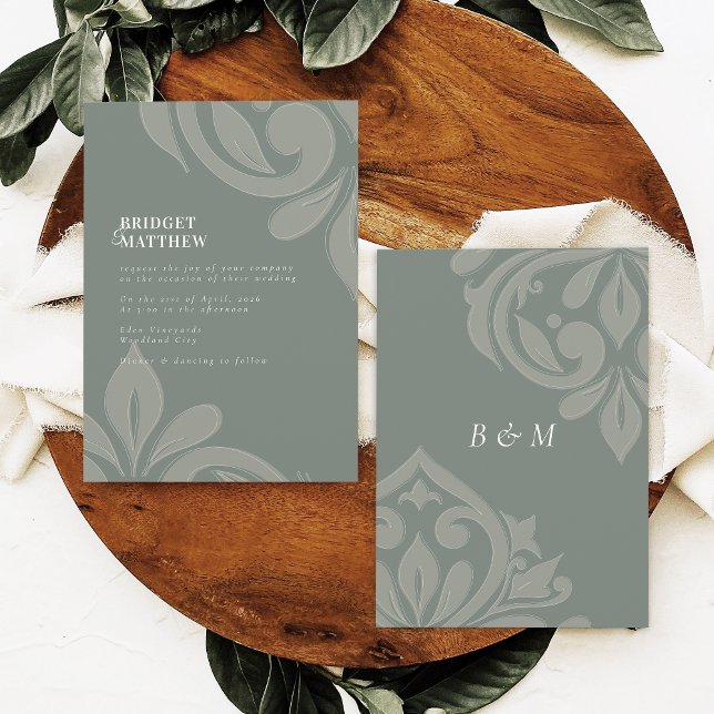 Invitation Mariage Classique Damassé au Goût d'Olive Terreuse (Créateur téléchargé)
