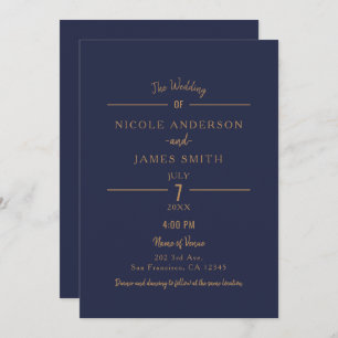Invitation Mariage classique de la Gold Navy Blue Chic Minima