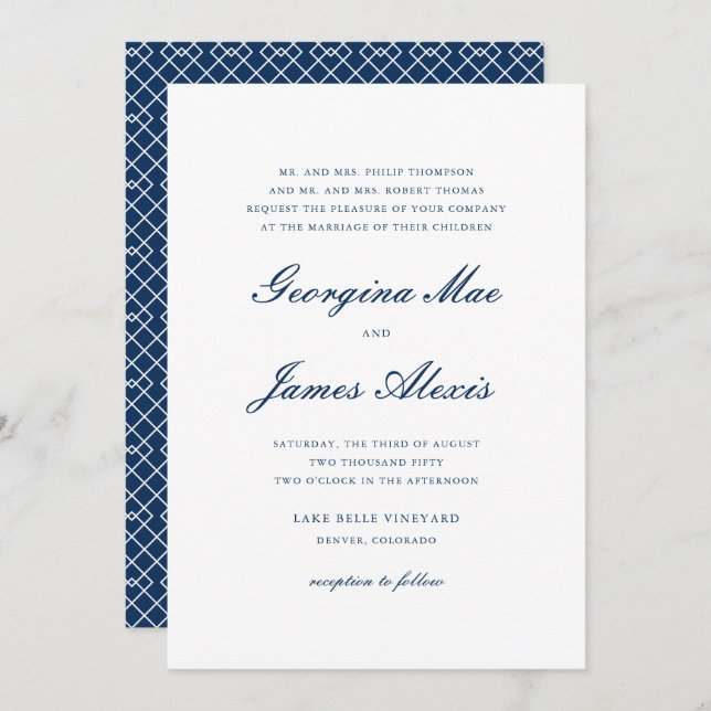 Invitation Mariage classique de la Navy Blue Bold Script (Devant / Derrière)