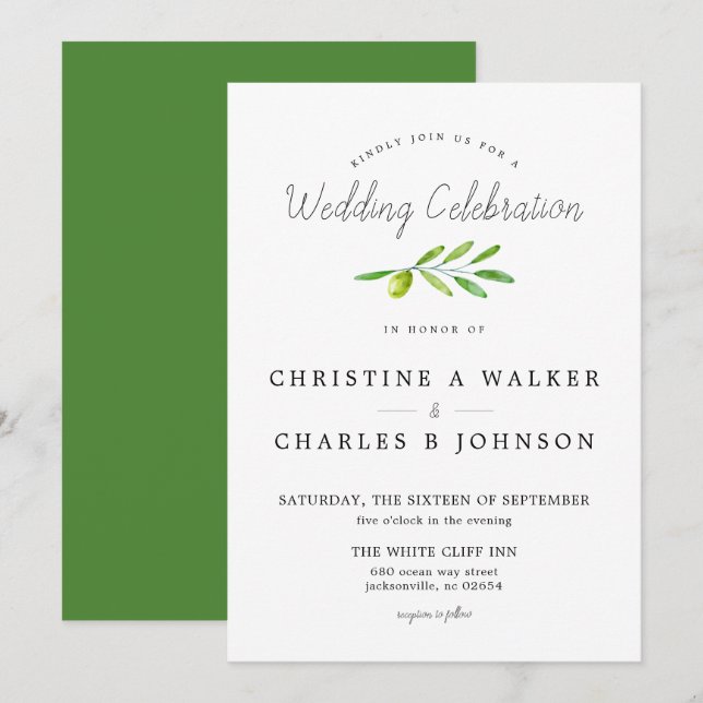 Invitation Mariage classique de script de branche d'olive (Devant / Derrière)