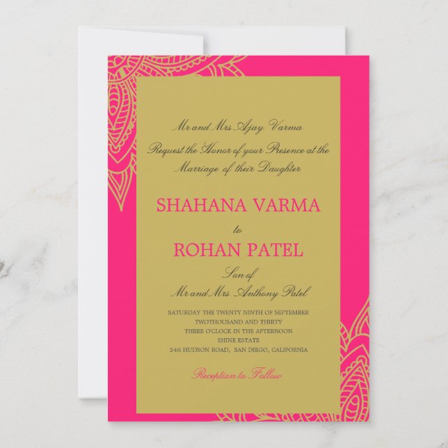 Invitation Mariage classique de style indien rose or chic (Dos)
