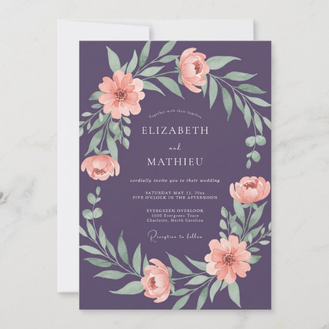 Invitation Mariage Classique Deep Purple Pivoine (Devant)