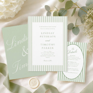 Invitation Mariage Classique d'Été Vert Sauge Rayé