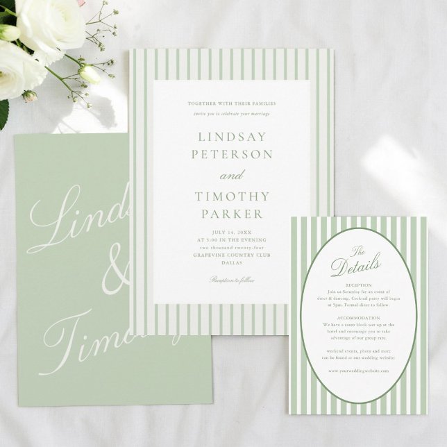 Invitation Mariage Classique d'Été Vert Sauge Rayé (Créateur téléchargé)