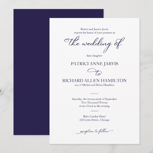 Invitation Mariage Classique Élégant à l'Encre Bleue Marine (Devant / Derrière)