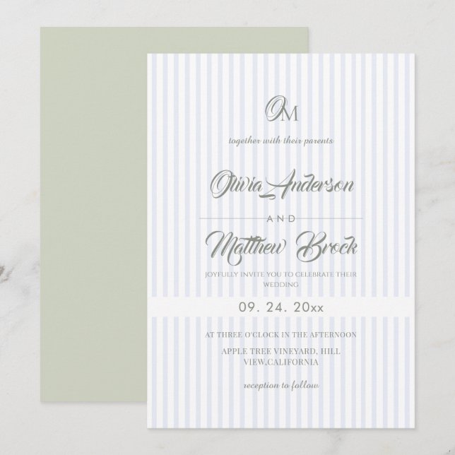 Invitation Mariage Classique Élégant à rayures Bleu et Sauge (Devant / Derrière)