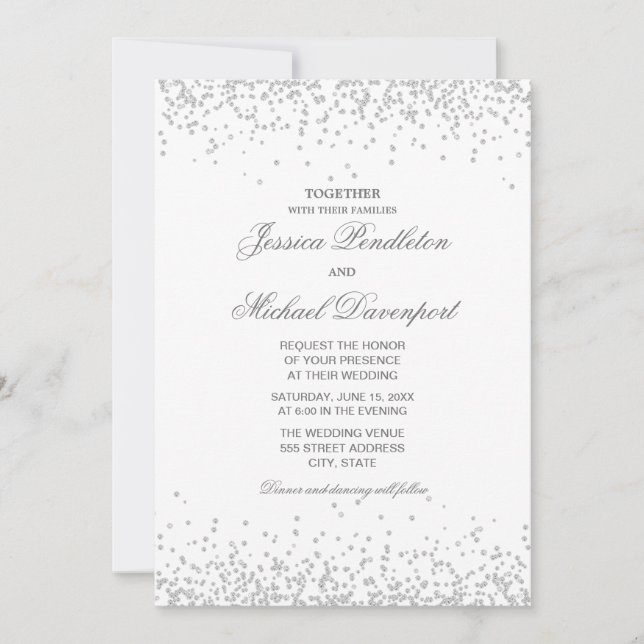 Invitation Mariage Classique Élégant Blanc Paillettes Argenté (Devant)