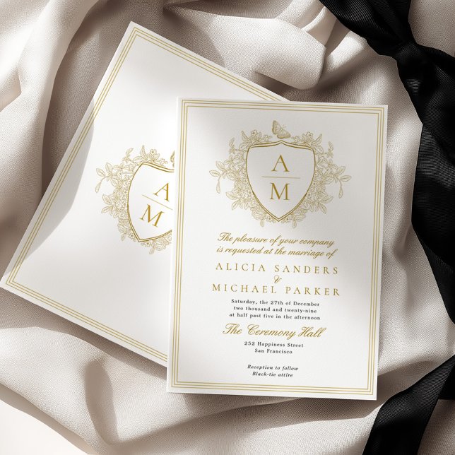 Invitation Mariage classique élégant blason monogramme or (Créateur téléchargé)