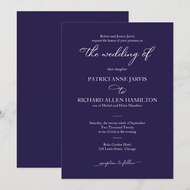 Invitation Mariage Classique Élégant Bleu Nuit Et Blanc (Devant / Derrière)