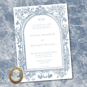 Invitation Mariage Classique Élégant Cadre Floral Bleu Arqué