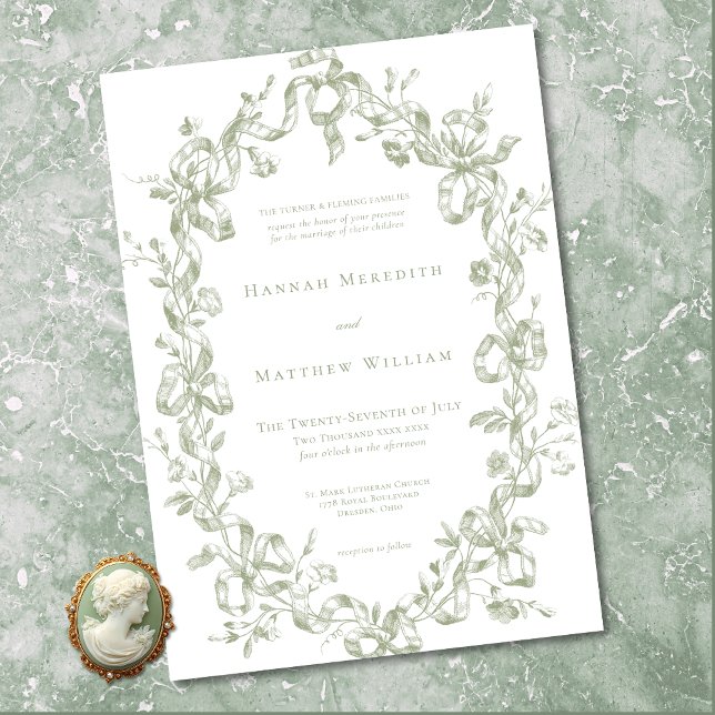 Invitation Mariage Classique Élégant Cadre Ovale Ruban Sage (Classic Elegant Sage Oval Ribbon Frame Wedding Invitation)