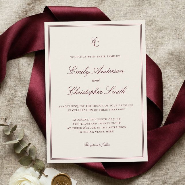 Invitation Mariage Classique Élégant en Bourgogne et Crème (Créateur téléchargé)