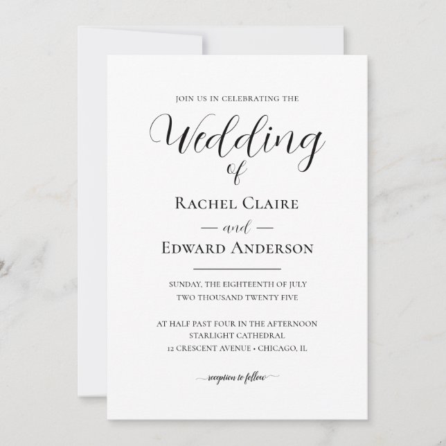 Invitation Mariage Classique Élégant en Noir et Blanc (Devant)