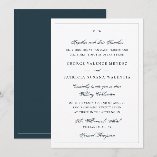 Invitation Mariage Classique Élégant Monogramme Bleu Marine B (Devant / Derrière)