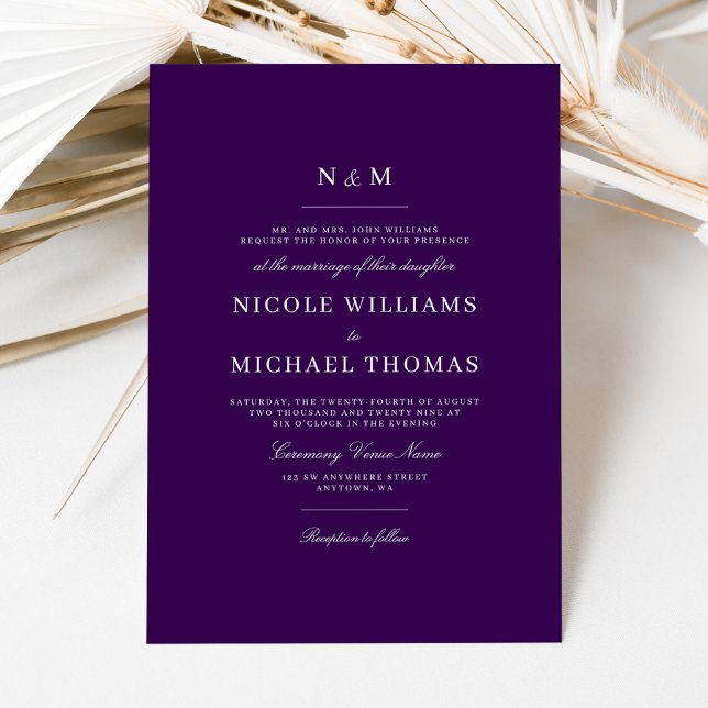 Invitation Mariage Classique Élégant Monogramme Violet Foncé (Créateur téléchargé)