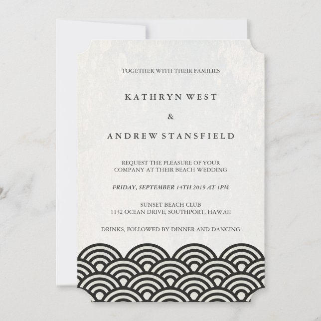 Invitation Mariage classique Elegant Noir+Blanc Plage (Devant)