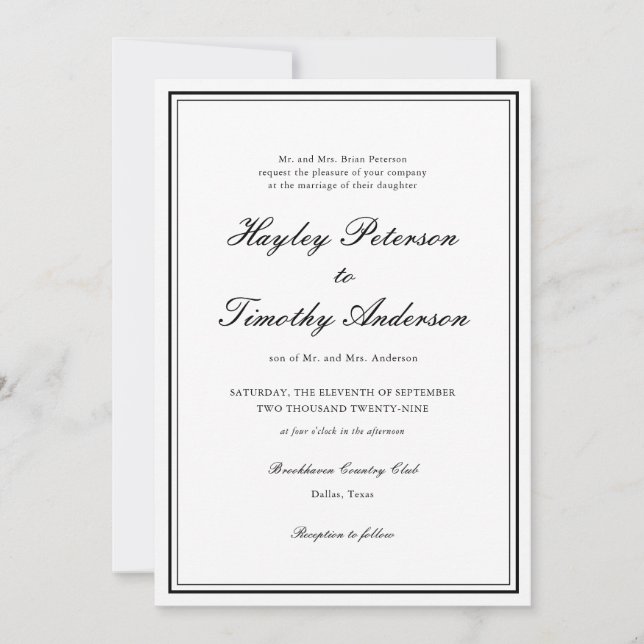 Invitation Mariage Classique Élégant Noir et Blanc (Devant)