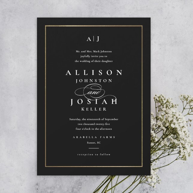 Invitation Mariage Classique Élégant Noir et Or (Créateur téléchargé)