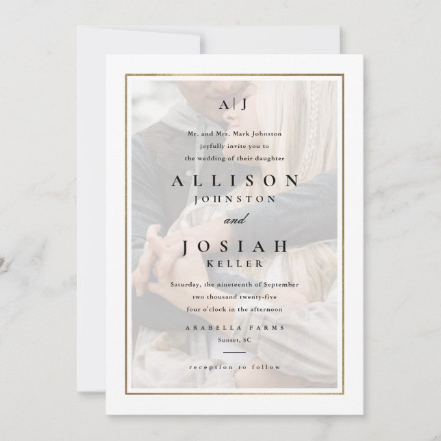 Invitation Mariage Classique Élégant Photo Or (Devant)